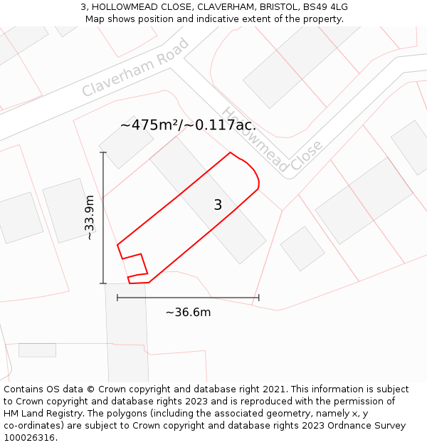 3, HOLLOWMEAD CLOSE, CLAVERHAM, BRISTOL, BS49 4LG: Plot and title map