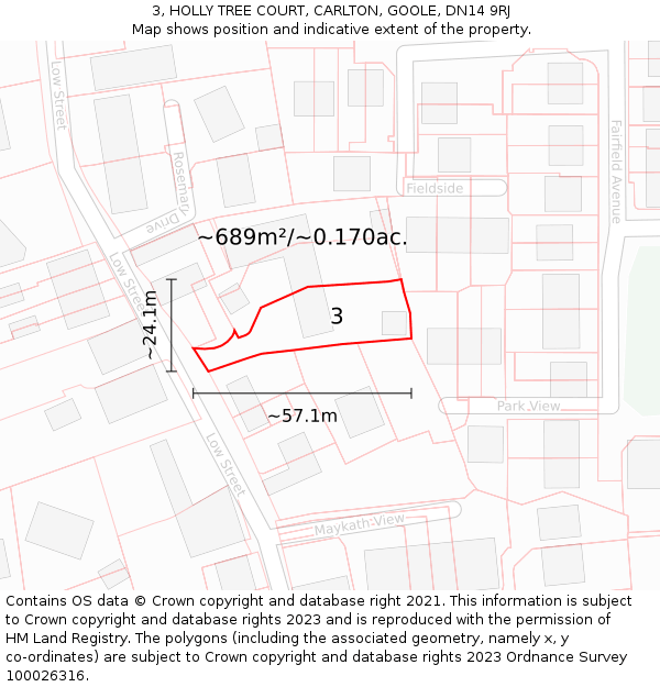 3, HOLLY TREE COURT, CARLTON, GOOLE, DN14 9RJ: Plot and title map