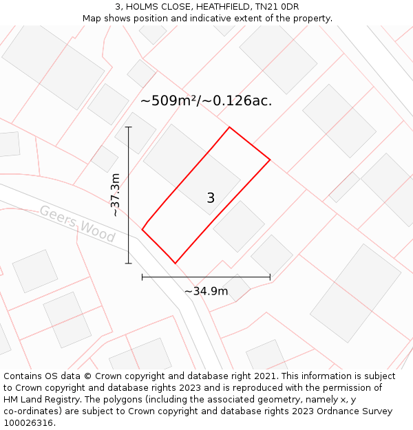 3, HOLMS CLOSE, HEATHFIELD, TN21 0DR: Plot and title map