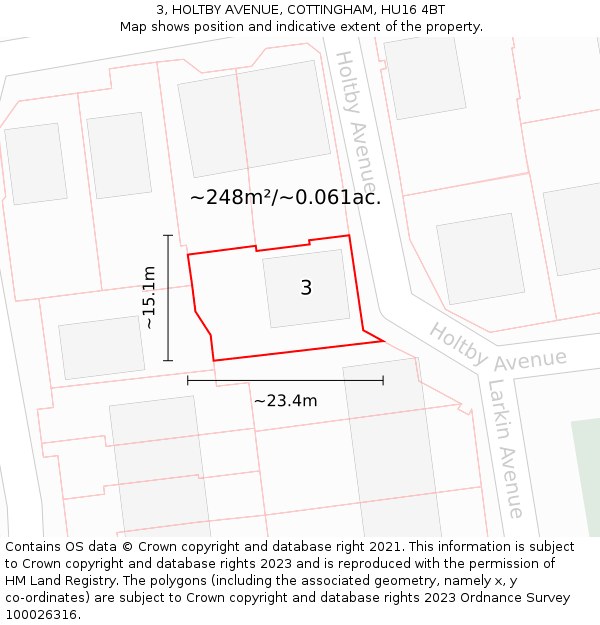 3, HOLTBY AVENUE, COTTINGHAM, HU16 4BT: Plot and title map