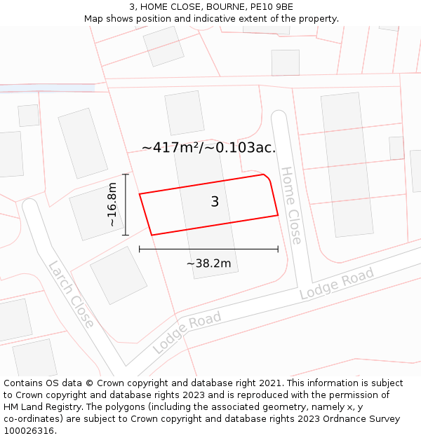 3, HOME CLOSE, BOURNE, PE10 9BE: Plot and title map