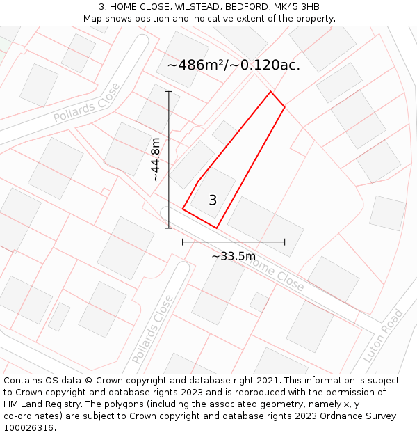3, HOME CLOSE, WILSTEAD, BEDFORD, MK45 3HB: Plot and title map