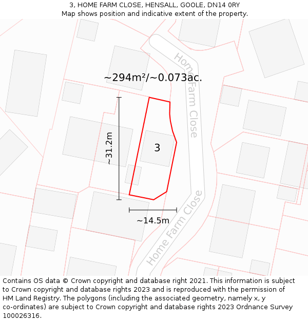 3, HOME FARM CLOSE, HENSALL, GOOLE, DN14 0RY: Plot and title map