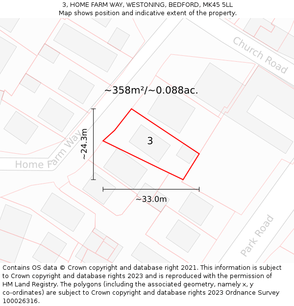 3, HOME FARM WAY, WESTONING, BEDFORD, MK45 5LL: Plot and title map