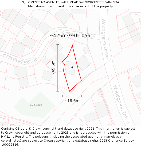 3, HOMESTEAD AVENUE, WALL MEADOW, WORCESTER, WR4 0DA: Plot and title map