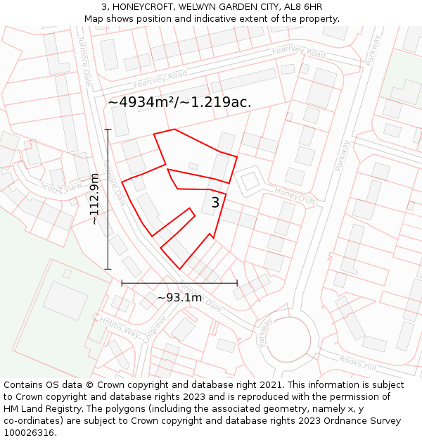 3, HONEYCROFT, WELWYN GARDEN CITY, AL8 6HR: Plot and title map