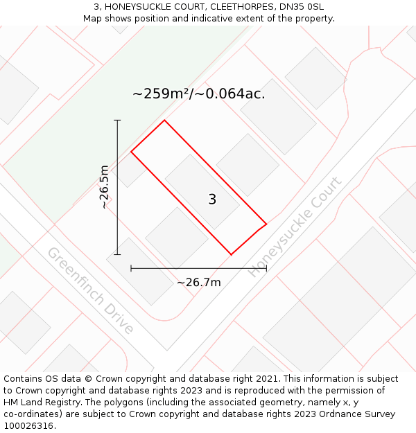 3, HONEYSUCKLE COURT, CLEETHORPES, DN35 0SL: Plot and title map