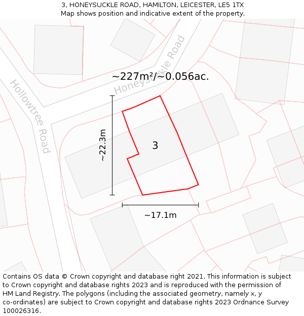 3, HONEYSUCKLE ROAD, HAMILTON, LEICESTER, LE5 1TX: Plot and title map