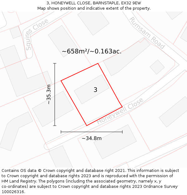 3, HONEYWELL CLOSE, BARNSTAPLE, EX32 9EW: Plot and title map