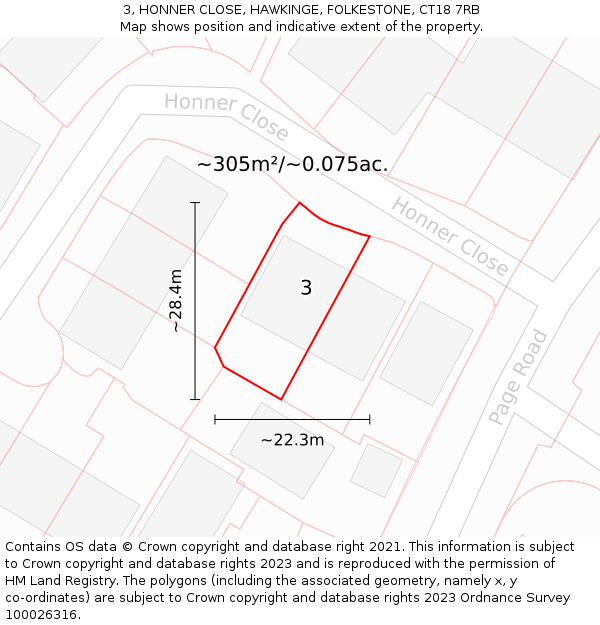 3, HONNER CLOSE, HAWKINGE, FOLKESTONE, CT18 7RB: Plot and title map