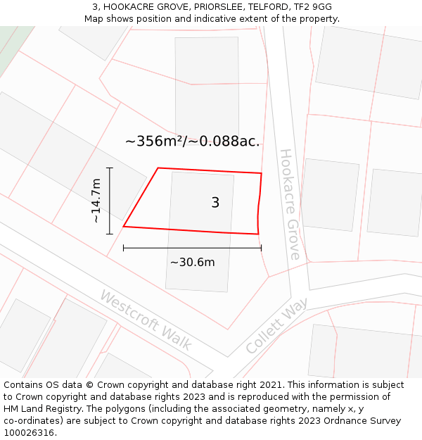 3, HOOKACRE GROVE, PRIORSLEE, TELFORD, TF2 9GG: Plot and title map