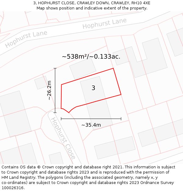 3, HOPHURST CLOSE, CRAWLEY DOWN, CRAWLEY, RH10 4XE: Plot and title map