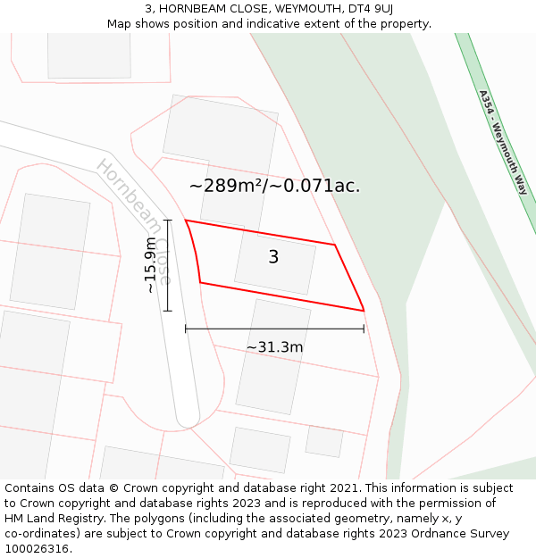 3, HORNBEAM CLOSE, WEYMOUTH, DT4 9UJ: Plot and title map
