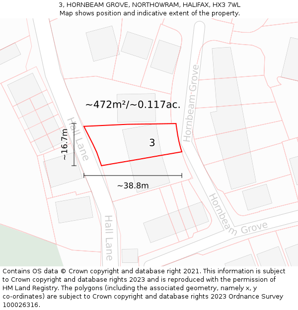 3, HORNBEAM GROVE, NORTHOWRAM, HALIFAX, HX3 7WL: Plot and title map