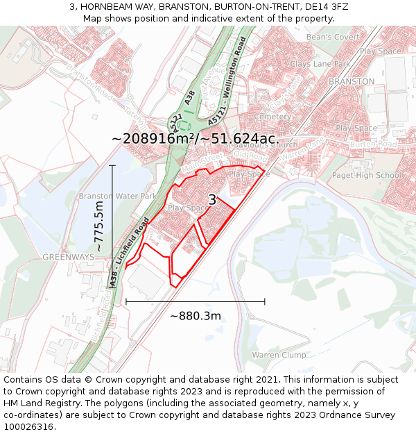 3, HORNBEAM WAY, BRANSTON, BURTON-ON-TRENT, DE14 3FZ: Plot and title map