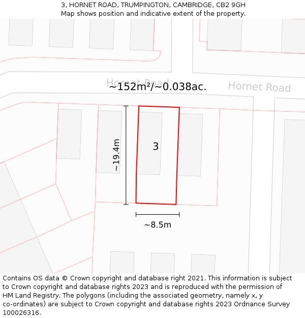 3, HORNET ROAD, TRUMPINGTON, CAMBRIDGE, CB2 9GH: Plot and title map