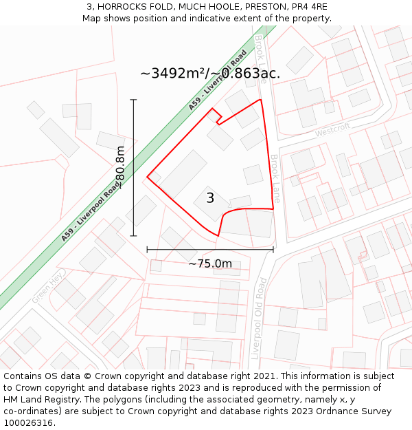 3, HORROCKS FOLD, MUCH HOOLE, PRESTON, PR4 4RE: Plot and title map