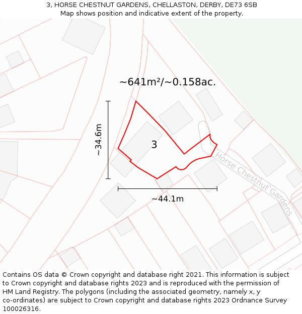 3, HORSE CHESTNUT GARDENS, CHELLASTON, DERBY, DE73 6SB: Plot and title map