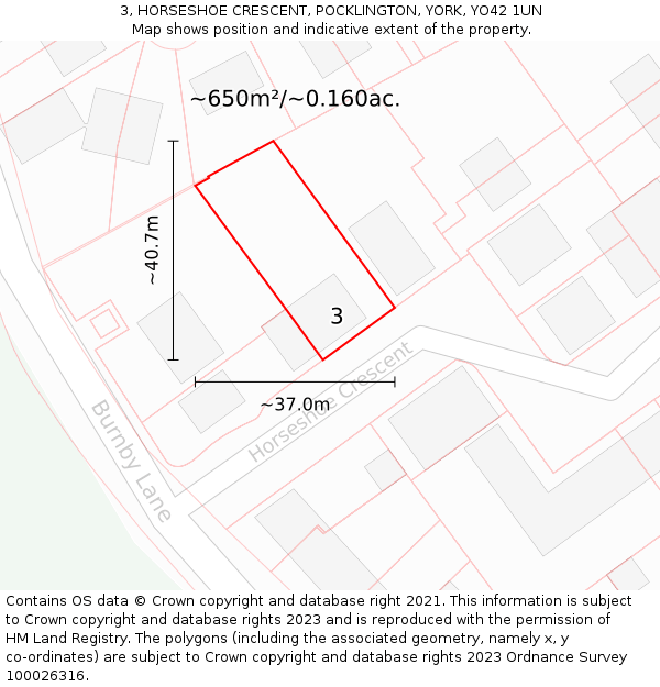 3, HORSESHOE CRESCENT, POCKLINGTON, YORK, YO42 1UN: Plot and title map