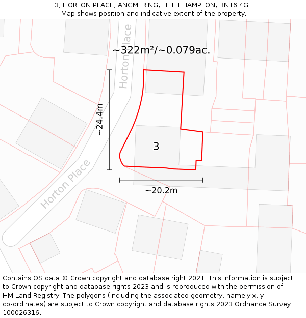 3, HORTON PLACE, ANGMERING, LITTLEHAMPTON, BN16 4GL: Plot and title map