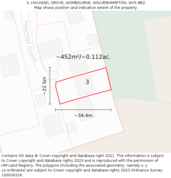 3, HOUNDEL GROVE, WOMBOURNE, WOLVERHAMPTON, WV5 8BZ: Plot and title map
