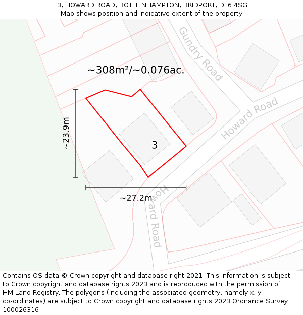 3, HOWARD ROAD, BOTHENHAMPTON, BRIDPORT, DT6 4SG: Plot and title map