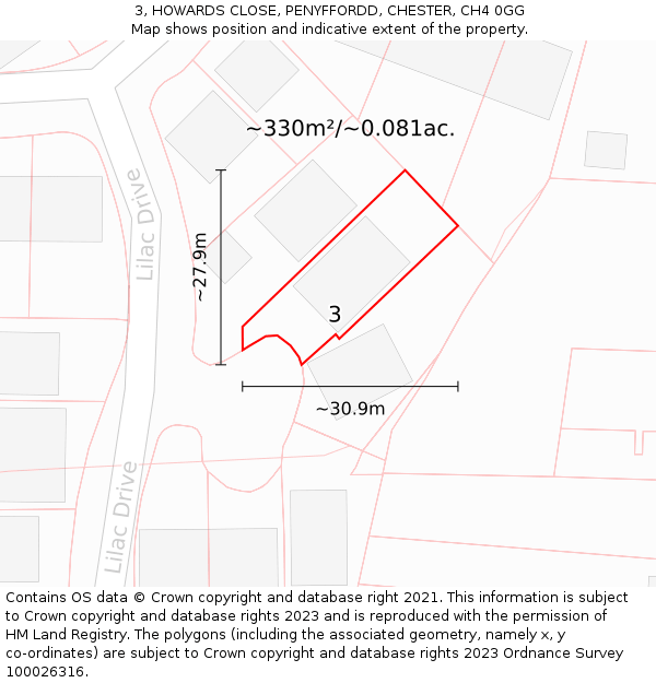 3, HOWARDS CLOSE, PENYFFORDD, CHESTER, CH4 0GG: Plot and title map