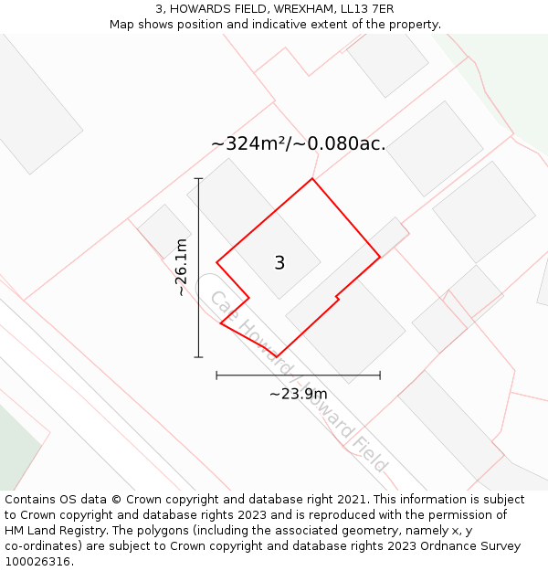 3, HOWARDS FIELD, WREXHAM, LL13 7ER: Plot and title map