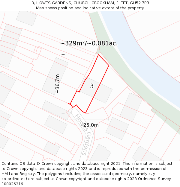3, HOWES GARDENS, CHURCH CROOKHAM, FLEET, GU52 7PR: Plot and title map
