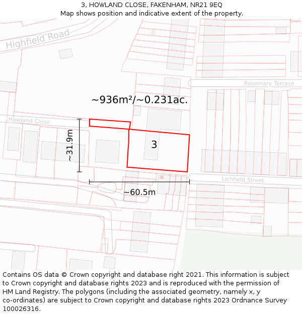 3, HOWLAND CLOSE, FAKENHAM, NR21 9EQ: Plot and title map
