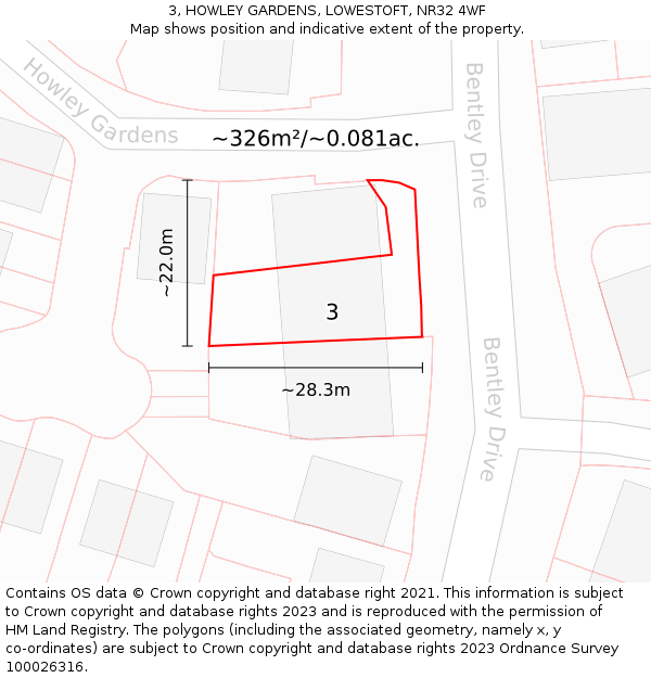 3, HOWLEY GARDENS, LOWESTOFT, NR32 4WF: Plot and title map