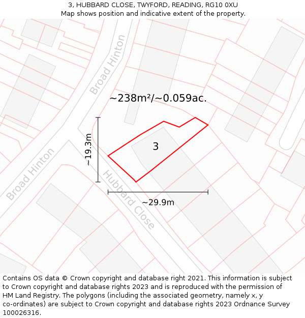 3, HUBBARD CLOSE, TWYFORD, READING, RG10 0XU: Plot and title map