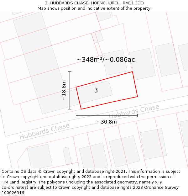 3, HUBBARDS CHASE, HORNCHURCH, RM11 3DD: Plot and title map