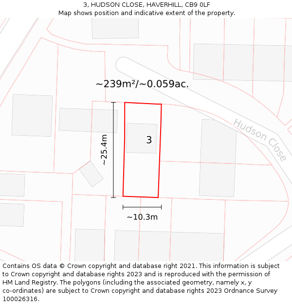 3, HUDSON CLOSE, HAVERHILL, CB9 0LF: Plot and title map