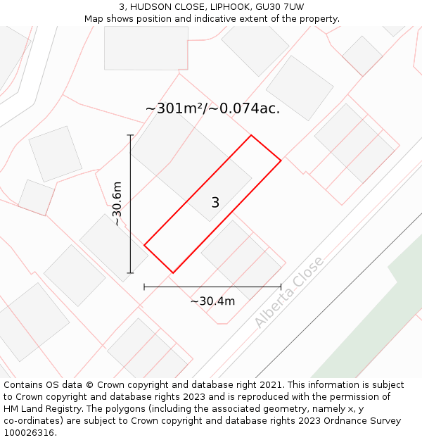 3, HUDSON CLOSE, LIPHOOK, GU30 7UW: Plot and title map