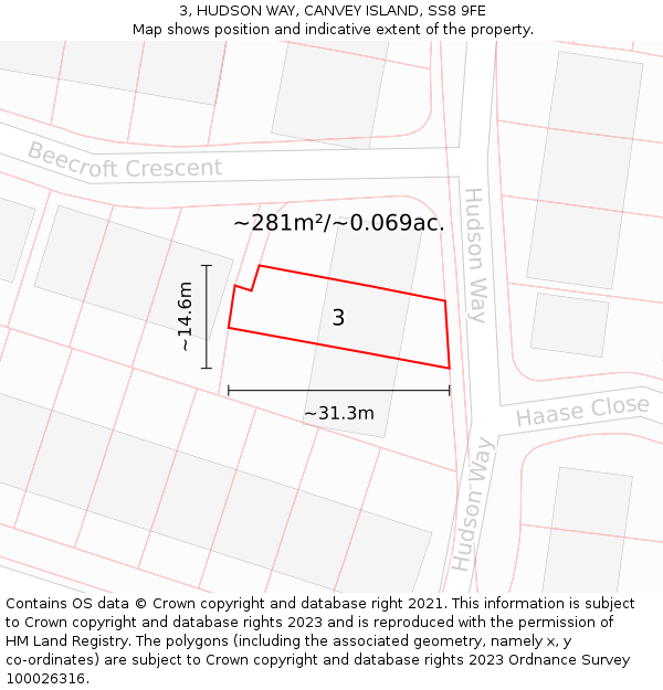 3, HUDSON WAY, CANVEY ISLAND, SS8 9FE: Plot and title map
