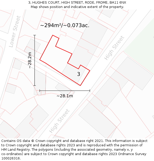 3, HUGHES COURT, HIGH STREET, RODE, FROME, BA11 6NX: Plot and title map