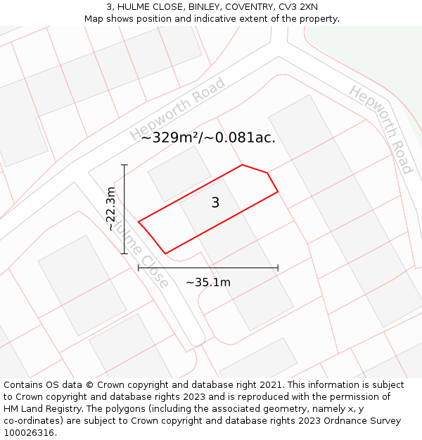 3, HULME CLOSE, BINLEY, COVENTRY, CV3 2XN: Plot and title map