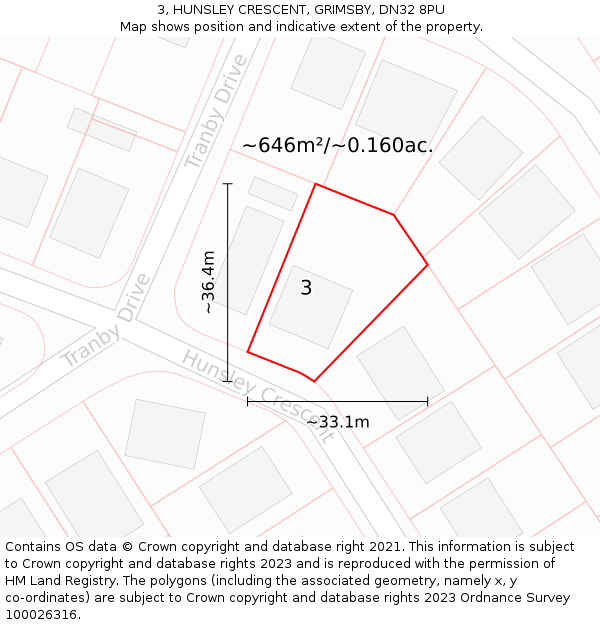 3, HUNSLEY CRESCENT, GRIMSBY, DN32 8PU: Plot and title map