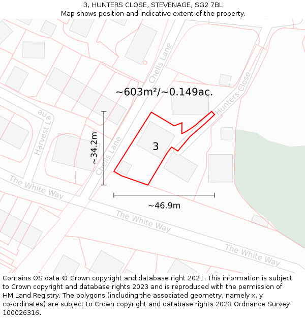 3, HUNTERS CLOSE, STEVENAGE, SG2 7BL: Plot and title map