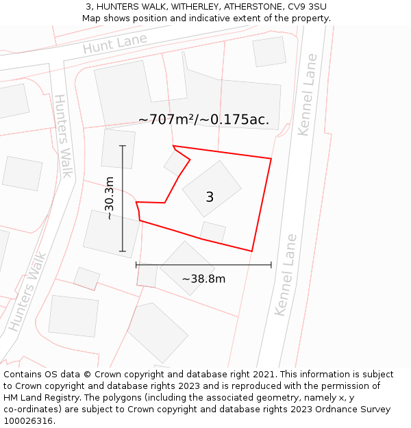 3, HUNTERS WALK, WITHERLEY, ATHERSTONE, CV9 3SU: Plot and title map