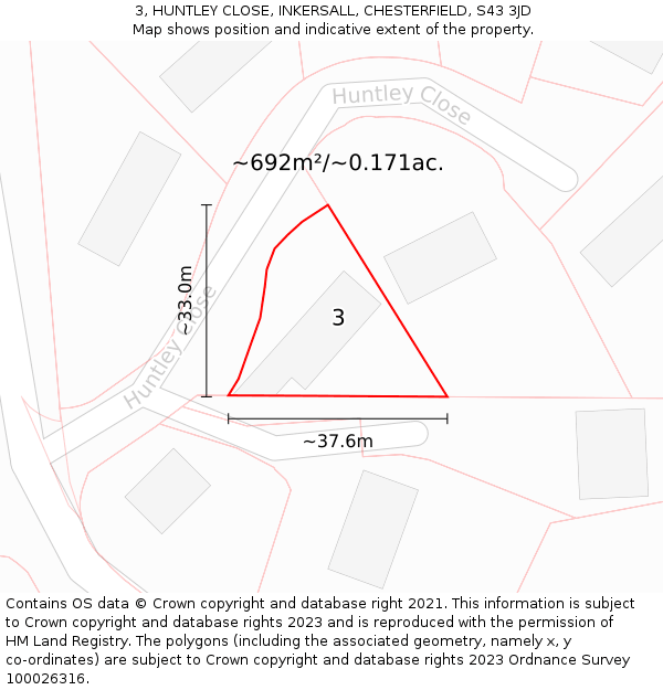 3, HUNTLEY CLOSE, INKERSALL, CHESTERFIELD, S43 3JD: Plot and title map