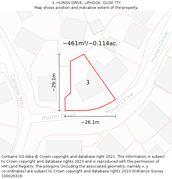 3, HURON DRIVE, LIPHOOK, GU30 7TY: Plot and title map