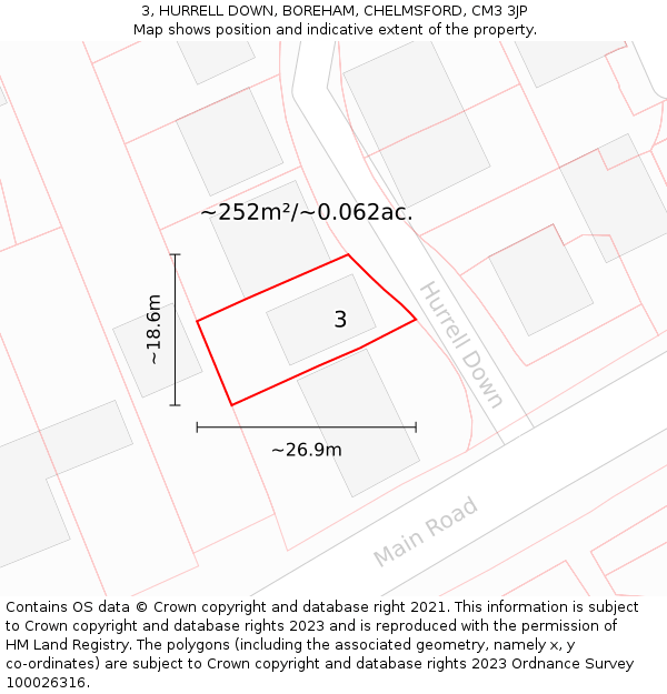 3, HURRELL DOWN, BOREHAM, CHELMSFORD, CM3 3JP: Plot and title map