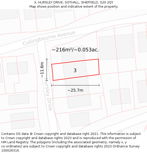 3, HURSLEY DRIVE, SOTHALL, SHEFFIELD, S20 2QY: Plot and title map