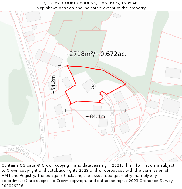 3, HURST COURT GARDENS, HASTINGS, TN35 4BT: Plot and title map