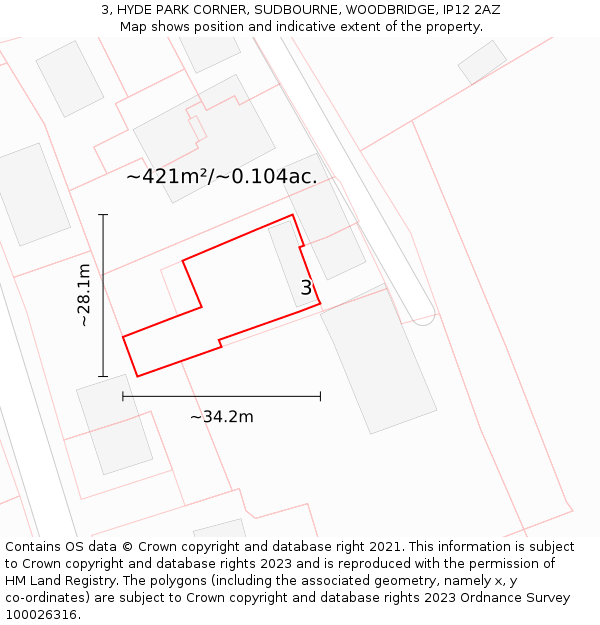 3, HYDE PARK CORNER, SUDBOURNE, WOODBRIDGE, IP12 2AZ: Plot and title map
