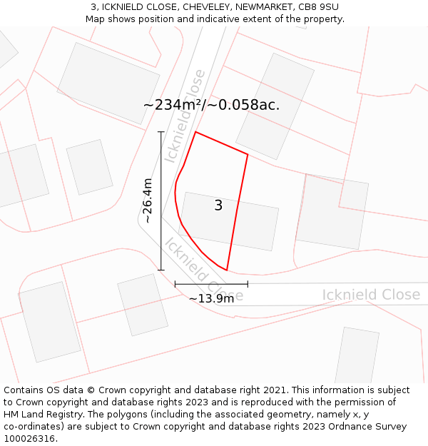 3, ICKNIELD CLOSE, CHEVELEY, NEWMARKET, CB8 9SU: Plot and title map