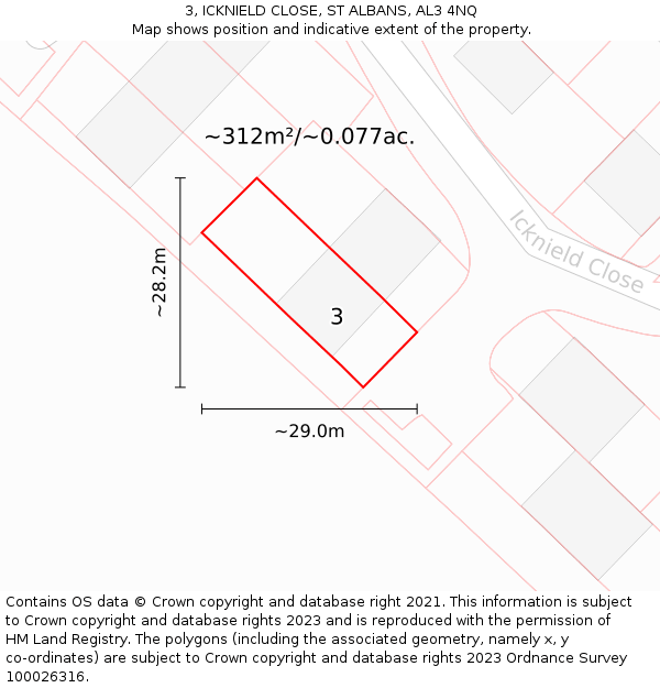 3, ICKNIELD CLOSE, ST ALBANS, AL3 4NQ: Plot and title map