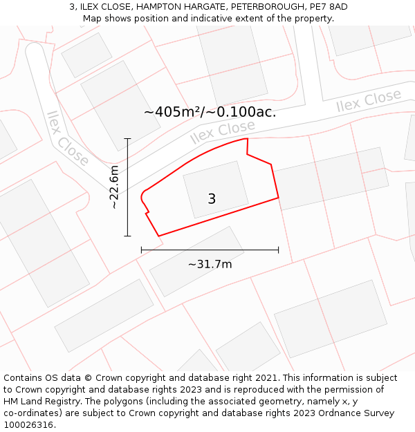 3, ILEX CLOSE, HAMPTON HARGATE, PETERBOROUGH, PE7 8AD: Plot and title map